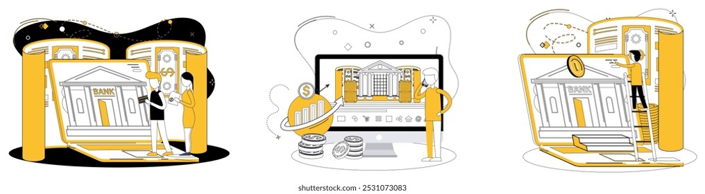 Ilustración vectorial de gestión de dinero. Las finanzas personales se convierten en una novela cautivadora, con la metáfora de la gestión del dinero narrando el cuento La tasa de éxito financiero se mide por los ritmos en la gestión del dinero