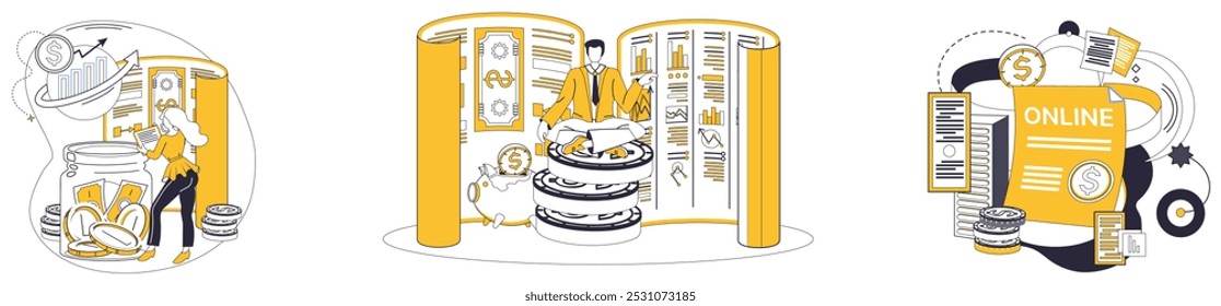 Money management vector illustration. Technology weaves fabric financial reports, creating tapestry economic understanding Personal finance becomes captivating novel, with money management metaphor