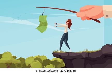 Money manipulation design concept with businessman manipulating woman with banknote on fishing rod cartoon vector illustration