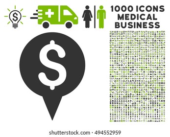 Money Map Marker icon with 1000 medical commercial eco green and gray vector design elements. Collection style is flat bicolor symbols, white background.