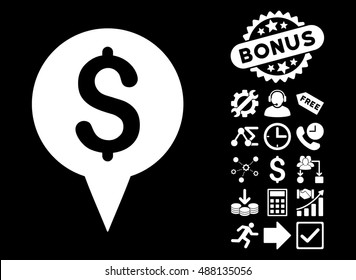 Money Map Marker icon with bonus icon set. Vector illustration style is flat iconic symbols, white color, black background.
