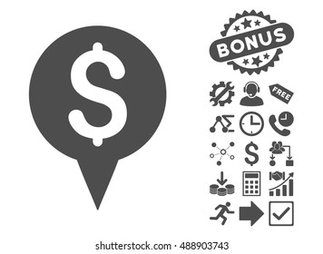 Money Map Marker icon with bonus pictures. Vector illustration style is flat iconic symbols, gray color, white background.