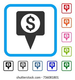 Money Map Marker icon. Flat grey pictogram symbol in a light blue rounded square. Black, gray, green, blue, red, orange color versions of Money Map Marker vector. Designed for web and application UI.