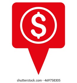 Money Map Marker icon. Vector style is flat iconic symbol with rounded angles, red color, white background.