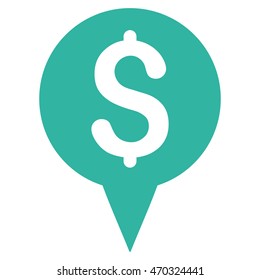 Money Map Marker icon. Vector style is flat iconic symbol with rounded angles, cyan color, white background.