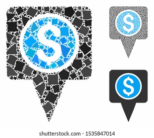 Money map marker mosaic of irregular pieces in variable sizes and color tinges, based on money map marker icon. Vector abrupt parts are organized into collage.