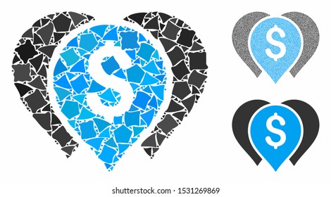 Money map markers composition of unequal pieces in various sizes and color tints, based on money map markers icon. Vector ragged items are combined into composition.