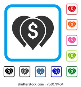 Money Map Markers icon. Flat grey iconic symbol in a light blue rounded rectangular frame. Black, gray, green, blue, red, orange color versions of Money Map Markers vector.