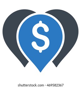 Money Map Markers icon. Vector style is bicolor flat iconic symbol with rounded angles, smooth blue colors, white background.