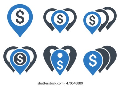 Money Map Markers vector icons. Icon style is bicolor smooth blue flat symbols with rounded angles on a white background.