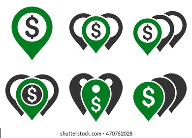 Money Map Markers vector icons. Pictogram style is bicolor green and gray flat icons with rounded angles on a white background.