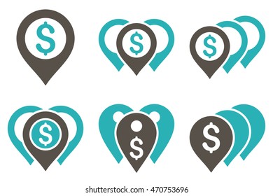 Money Map Markers vector icons. Pictogram style is bicolor grey and cyan flat icons with rounded angles on a white background.