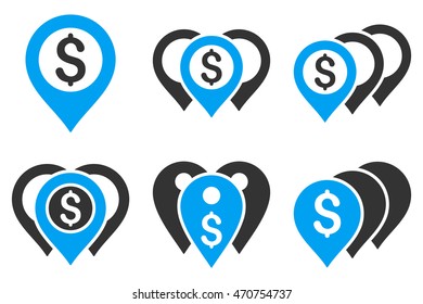 Money Map Markers vector icons. Pictogram style is bicolor blue and gray flat icons with rounded angles on a white background.