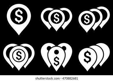 Money Map Markers vector icons. Pictogram style is white flat icons with rounded angles on a black background.