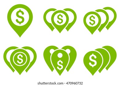 Money Map Markers vector icons. Pictogram style is eco green flat icons with rounded angles on a white background.