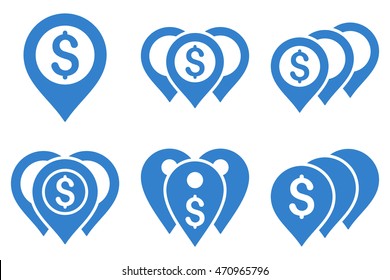 Money Map Markers vector icons. Pictogram style is cobalt flat icons with rounded angles on a white background.