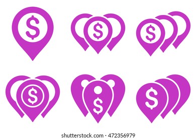 Money Map Markers vector icons. Pictogram style is violet flat icons with rounded angles on a white background.