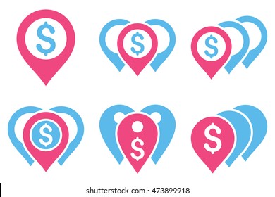 Money Map Markers vector icons. Pictogram style is bicolor pink and blue flat icons with rounded angles on a white background.