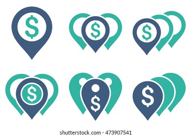 Money Map Markers vector icons. Pictogram style is bicolor cobalt and cyan flat icons with rounded angles on a white background.