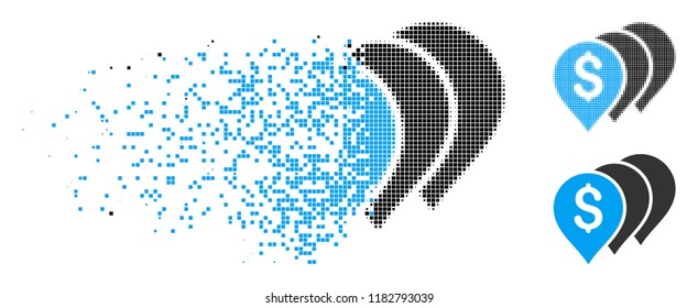 Money map pointers icon in dispersed, pixelated halftone and entire versions. Pieces are arranged into vector dispersed money map pointers icon. Disintegration effect uses rectangle dots.