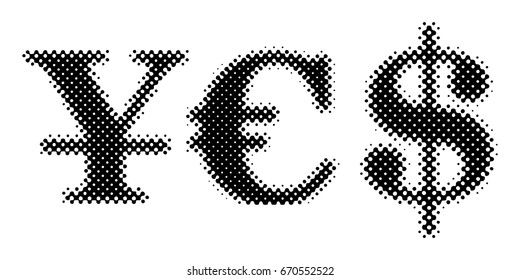 Money market currency signs of yen euro and dollar. Say YES to currency financial operations. Halftone vector illustration isolated on white background