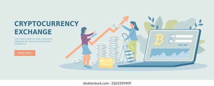 Money market, finance trading, analytics, graphs, profit. Cryptocurrency Exchange and Blockchain. Promotional web banner. Cartoon flat vector illustration with people characters.	
