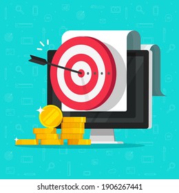 Money marketing target goal as internet digital aim on computer screen vector flat cartoon illustration, concept of strategy achievement, good targeting audience idea