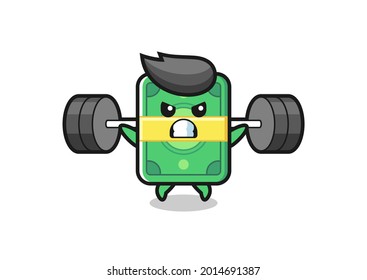 Money Mascot Cartoon With A Barbell , Cute Style Design For T Shirt, Sticker, Logo Element