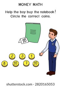 Money math educational worksheet for kids counting coins to buy a notebook