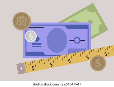 Money measured with a yellow ruler tape, financial operations, investment 