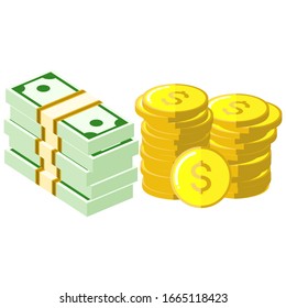 Money is a medium of exchange in the form of objects, be it coins or paper, which has an important role in business, especially trade, Stack banknotes and coins flat illustration, Money vector design