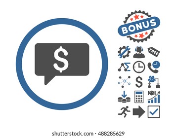 Money Message icon with bonus pictogram. Vector illustration style is flat iconic bicolor symbols, cobalt and gray colors, white background.