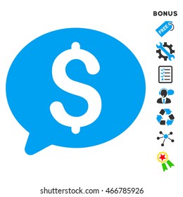 Money Message icon with bonus pictograms. Vector illustration style is flat iconic bicolor symbols, blue and gray colors, white background, rounded angles.