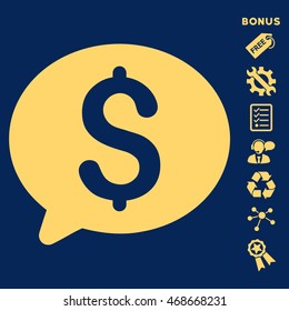 Money Message icon with bonus pictograms. Vector illustration style is flat iconic symbols, yellow color, blue background, rounded angles.