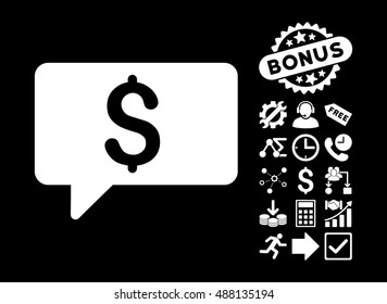 Money Message icon with bonus pictures. Vector illustration style is flat iconic symbols, white color, black background.