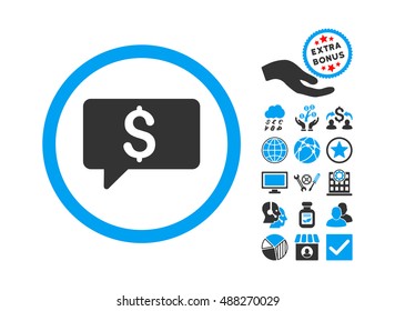 Money Message icon with bonus icon set. Vector illustration style is flat iconic bicolor symbols, blue and gray colors, white background.