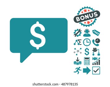 Money Message icon with bonus symbols. Vector illustration style is flat iconic bicolor symbols, soft blue colors, white background.