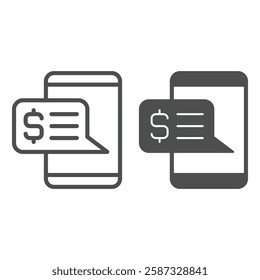 Money message on smartphone line and solid icon, financial advice concept. Vector graphics. Dollar currency growth news sign on white background, outline style icon for mobile or web design