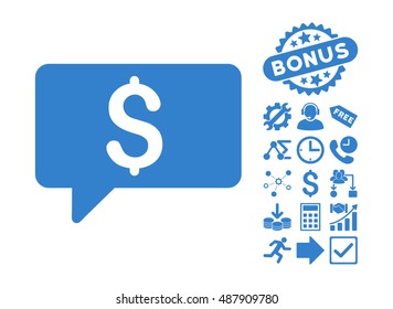 Money Message pictograph with bonus icon set. Vector illustration style is flat iconic symbols, cobalt color, white background.