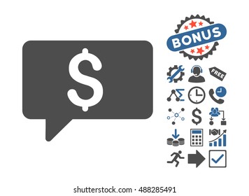 Money Message pictograph with bonus pictogram. Vector illustration style is flat iconic bicolor symbols, cobalt and gray colors, white background.