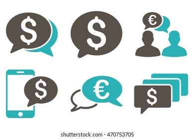 Money Message vector icons. Pictogram style is bicolor grey and cyan flat icons with rounded angles on a white background.