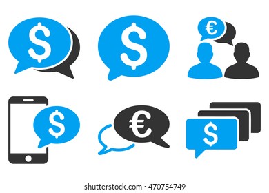 Money Message vector icons. Pictogram style is bicolor blue and gray flat icons with rounded angles on a white background.