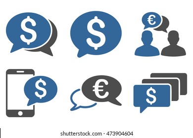 Money Message vector icons. Pictogram style is bicolor cobalt and gray flat icons with rounded angles on a white background.