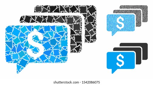 Money messages mosaic of trembly elements in different sizes and color tones, based on money messages icon. Vector trembly pieces are organized into mosaic.