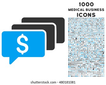 Money Messages vector bicolor icon with 1000 medical business icons. Set style is flat pictograms, blue and gray colors, white background.