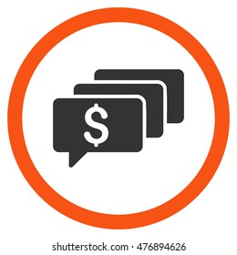 Money Messages vector bicolor rounded icon. Image style is a flat icon symbol inside a circle, orange and gray colors, white background.