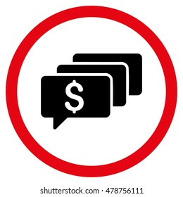 Money Messages vector bicolor rounded icon. Image style is a flat icon symbol inside a circle, intensive red and black colors, white background.