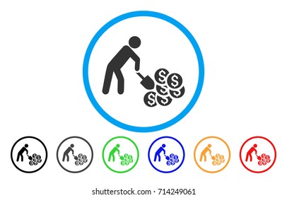 Money Mining icon. Vector illustration style is a flat iconic money mining grey rounded symbol inside light blue circle with black, gray, green, blue, red, orange color versions.