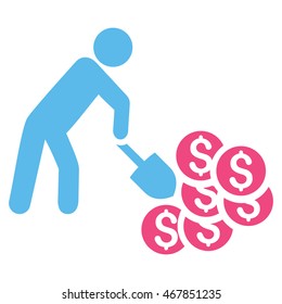 Money Mining icon. Vector style is bicolor flat iconic symbol with rounded angles, pink and blue colors, white background.