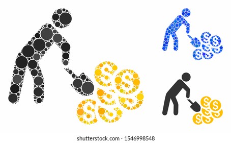 Money mining mosaic of round dots in different sizes and color tinges, based on money mining icon. Vector round dots are composed into blue illustration.